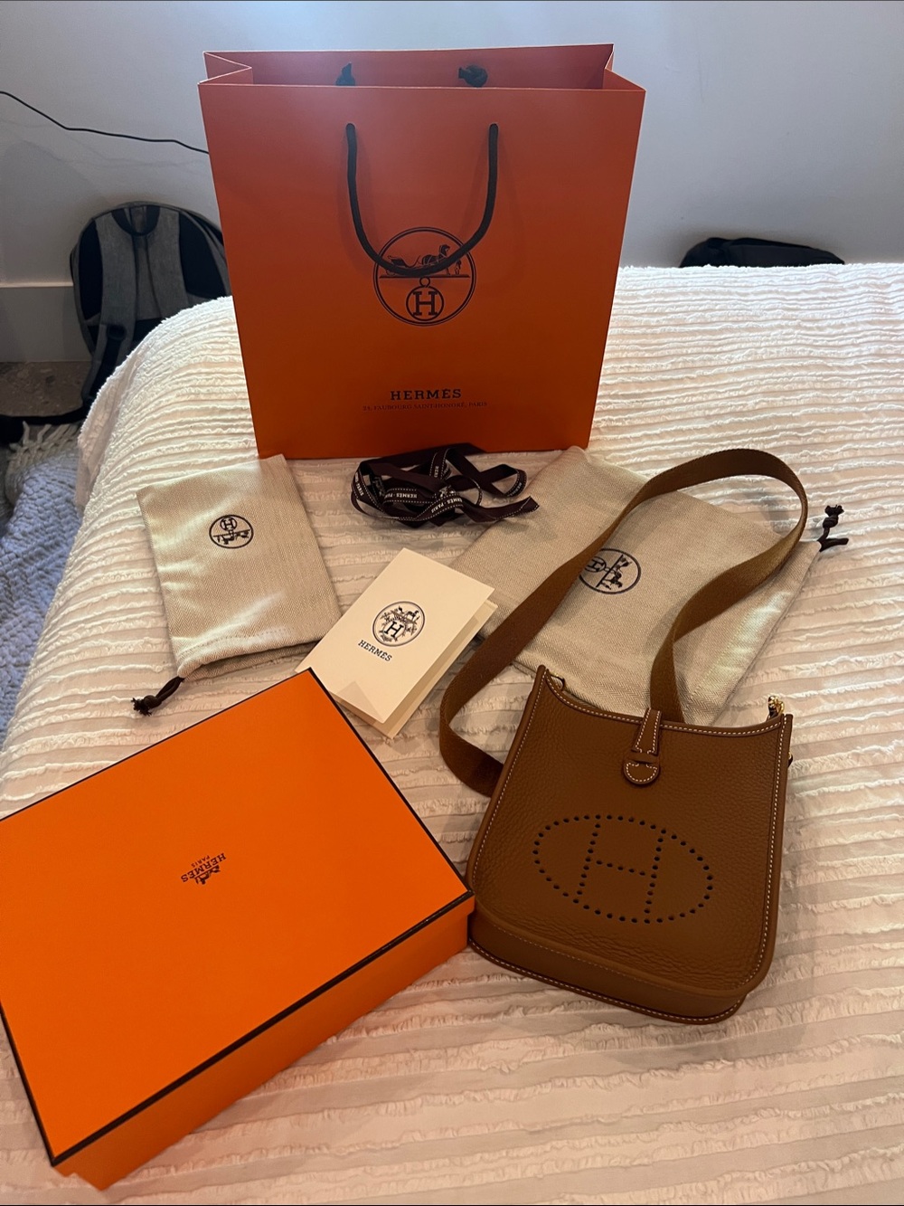 Hermes Brown Evelyne Crossbody Bag with Orange Packaging. Gold with gold hw.